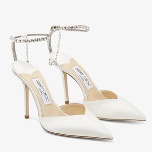 Jimmy Choo Saeda 100 Ivory Satin Pumps with Crystal Embellishment